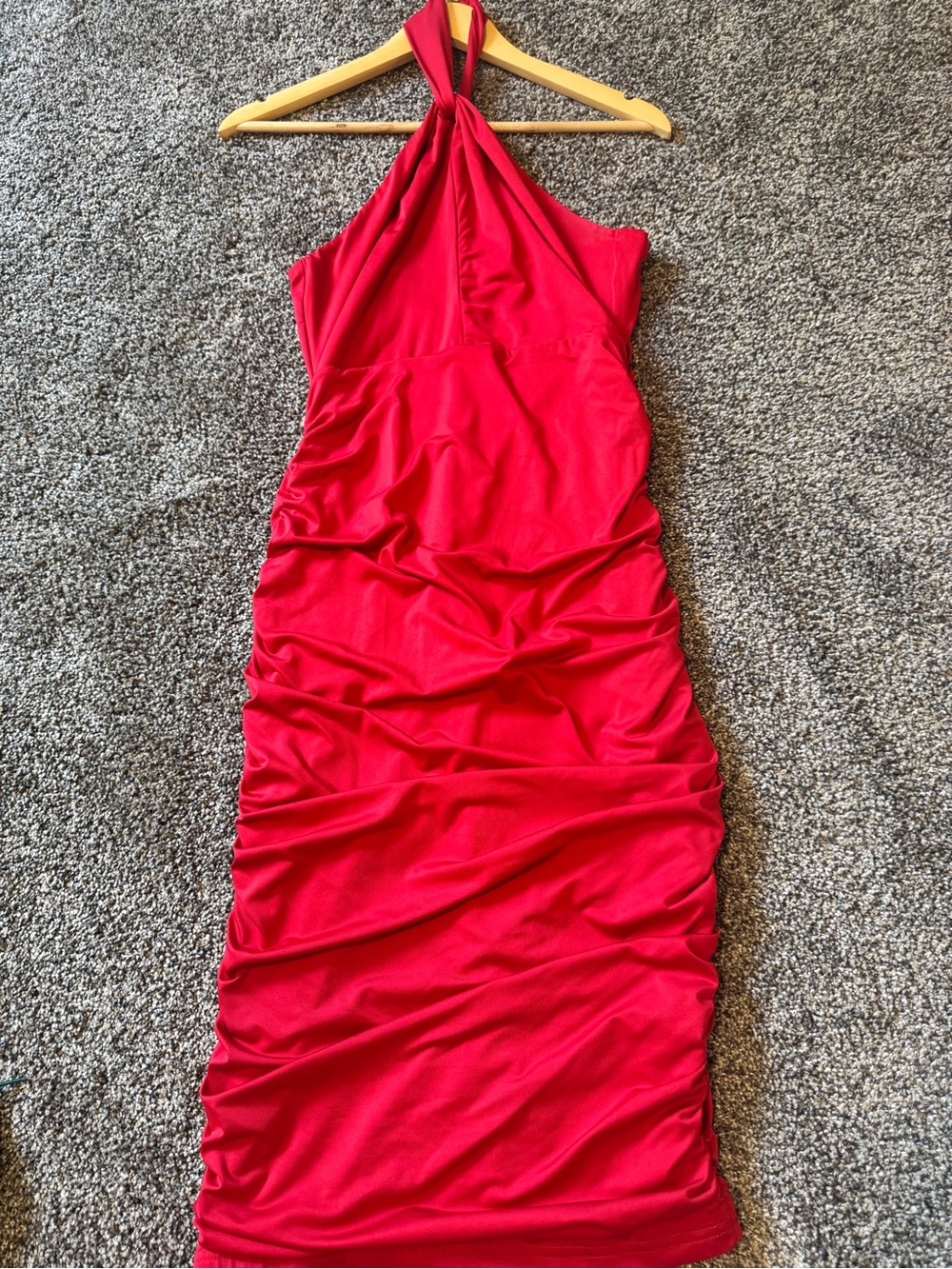 Red One-Shoulder Ruched Midi Dress